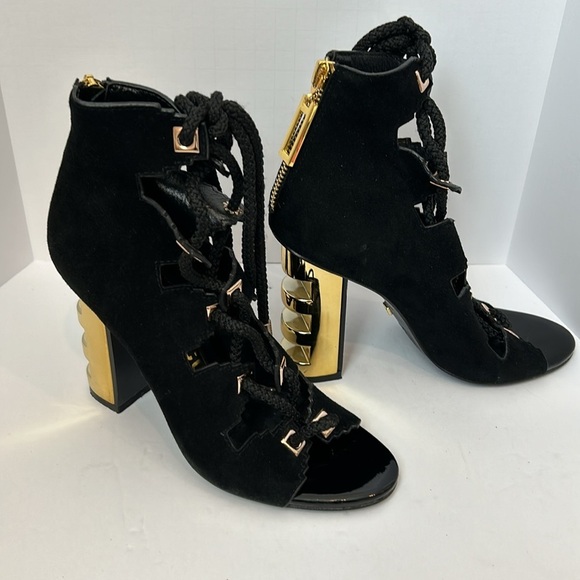 KAT MACONIE Betsy Suede Black Sandals Gold Heels Lace Up women’s size 5.5 - Picture 16 of 16